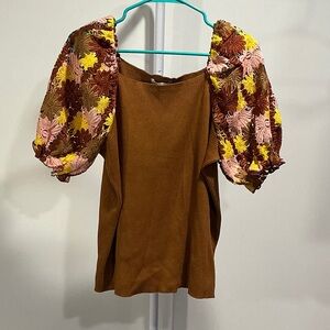 Cato Brown Top with Floral Puff Sleeves